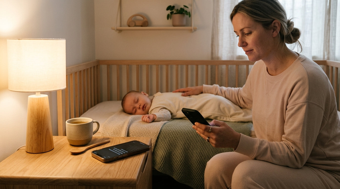 Tired mother holding baby in dark nursery looking at phone