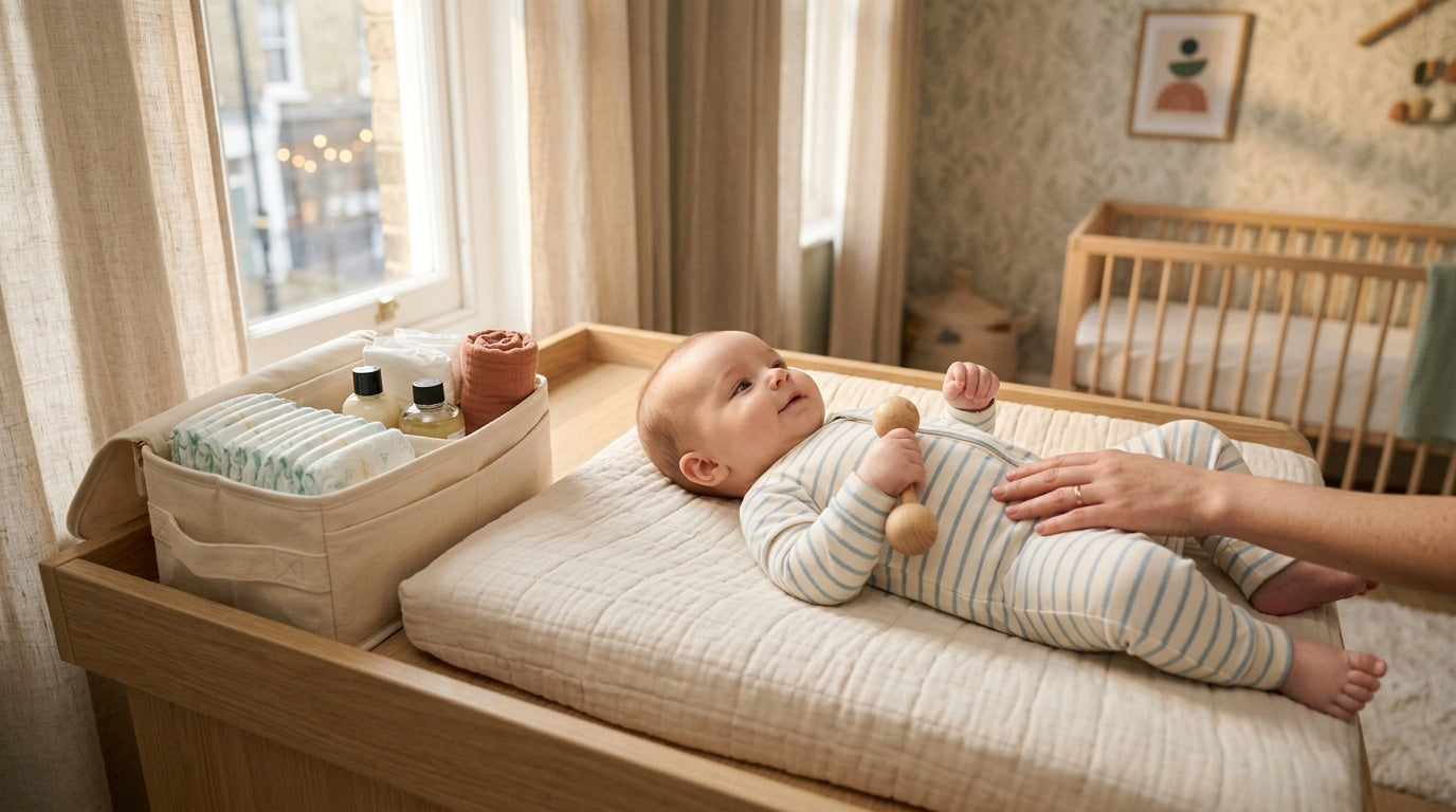 Exhausted dad looking at a smartphone while holding a very grumpy, red-faced baby.