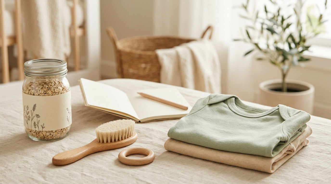 Priya holding a baby in a Kianao organic bodysuit looking exhausted but relieved