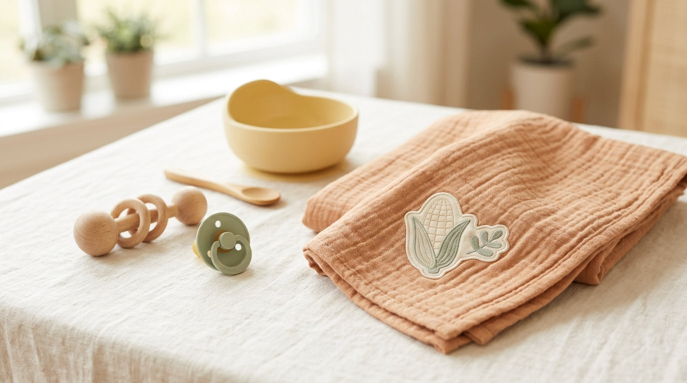 A messy baby eating a piece of corn on the cob in a high chair.
