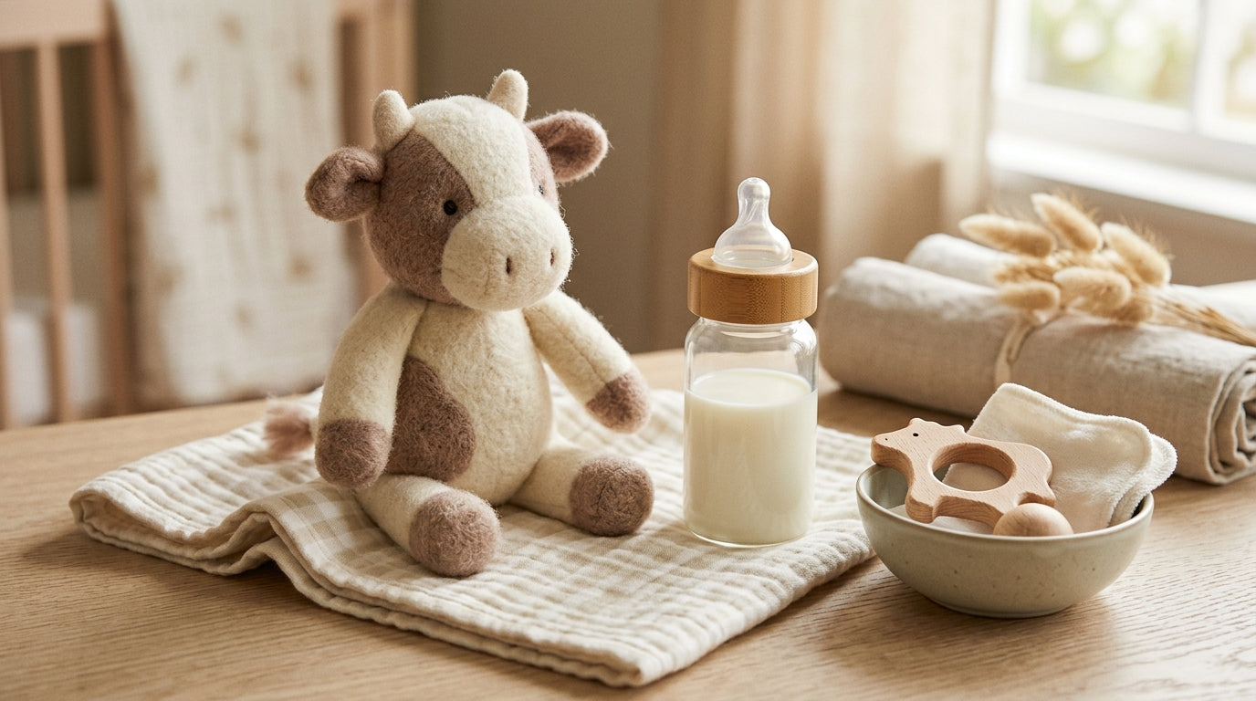 My daughter Maya dressed in a farm animal costume while drinking from a cup.