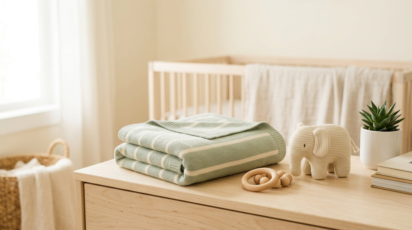 Mom standing in rural kitchen looking at safe baby products and first aid kits