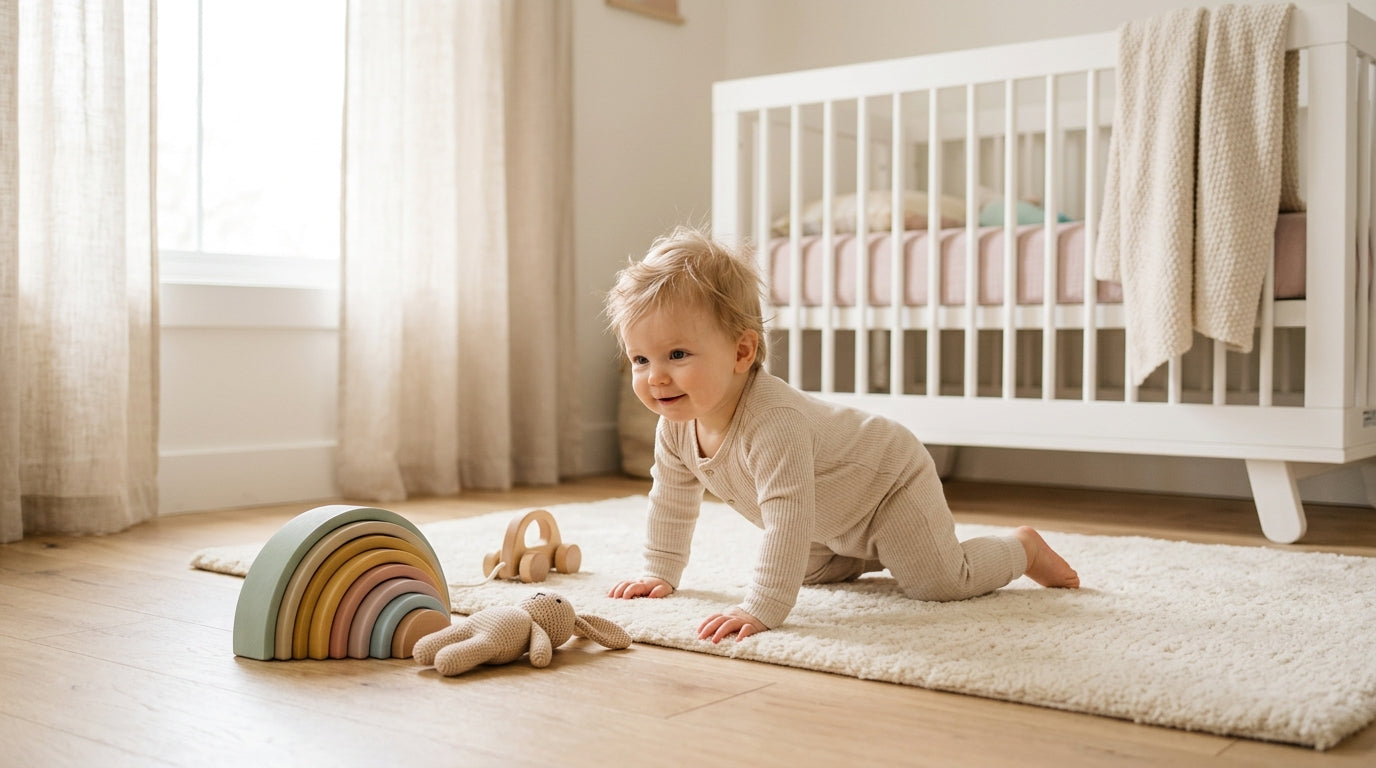 Coffee cup next to a baby crawling backwards on a rug