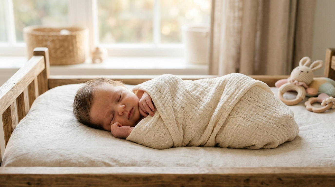 Exhausted mother holding a fussy newborn baby in a dark nursery