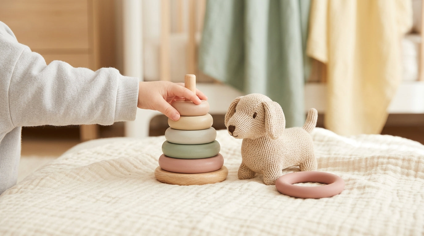 A baby dachshund sitting cautiously next to a toddler's wooden toys