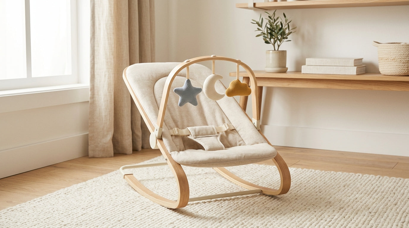 Baby Delight Alpine bouncer next to a sleeping baby in a Chicago apartment.