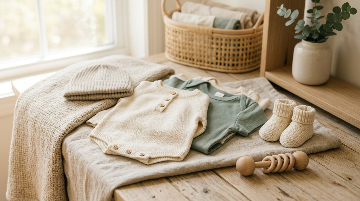 Messy pile of organic cotton baby clothes and a lukewarm iced coffee on a nursery rug.