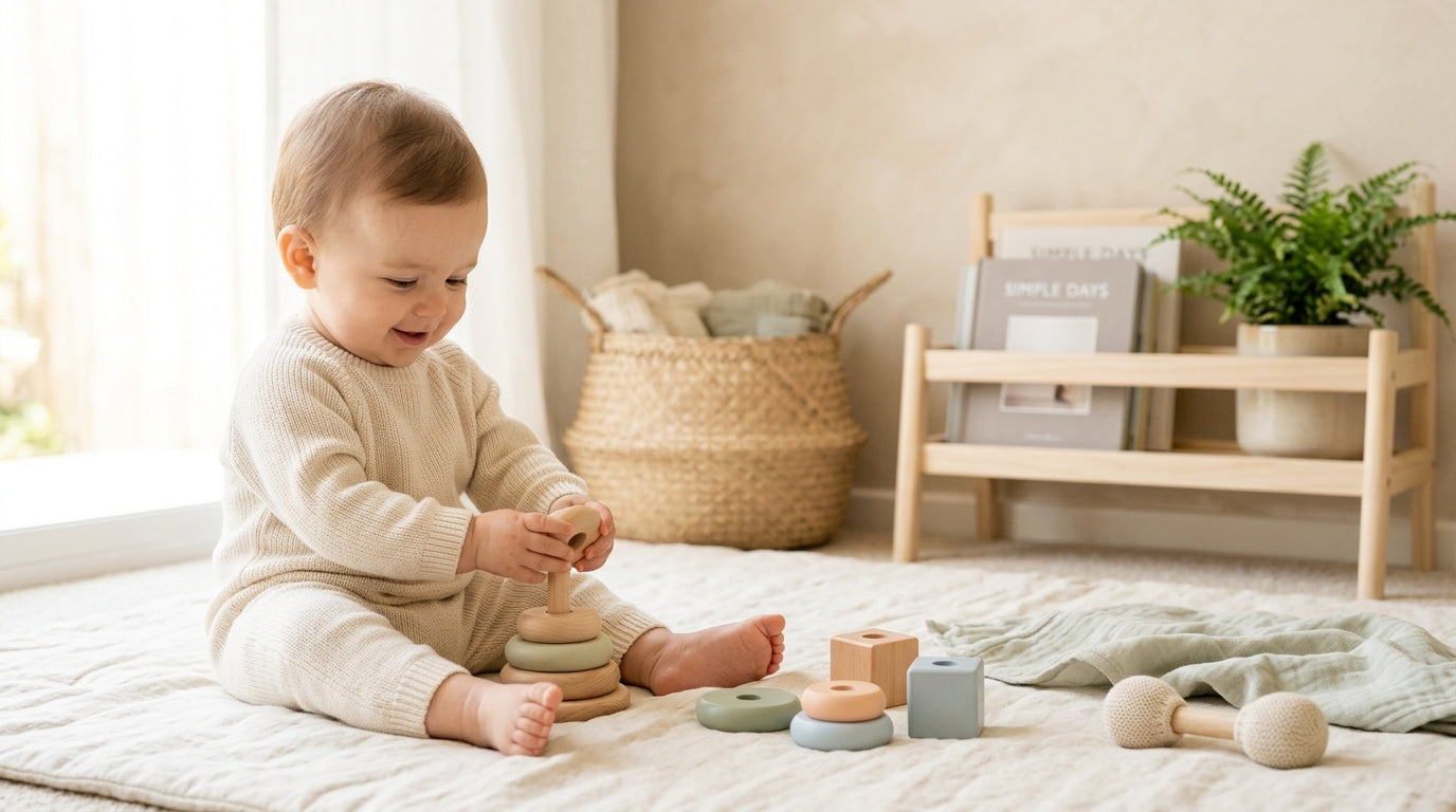 A baby reaching for a wooden ring toy on a colorful play mat