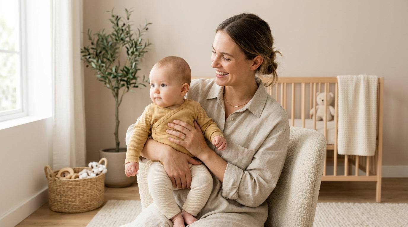 Tired mom holding a newborn baby in a nursery