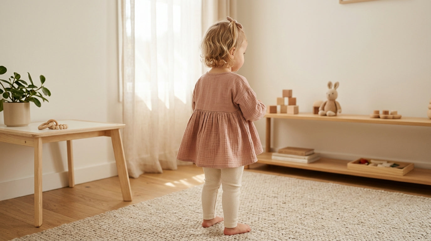 Baby wearing a flowy baby doll top playing with a soft toy on a bamboo blanket