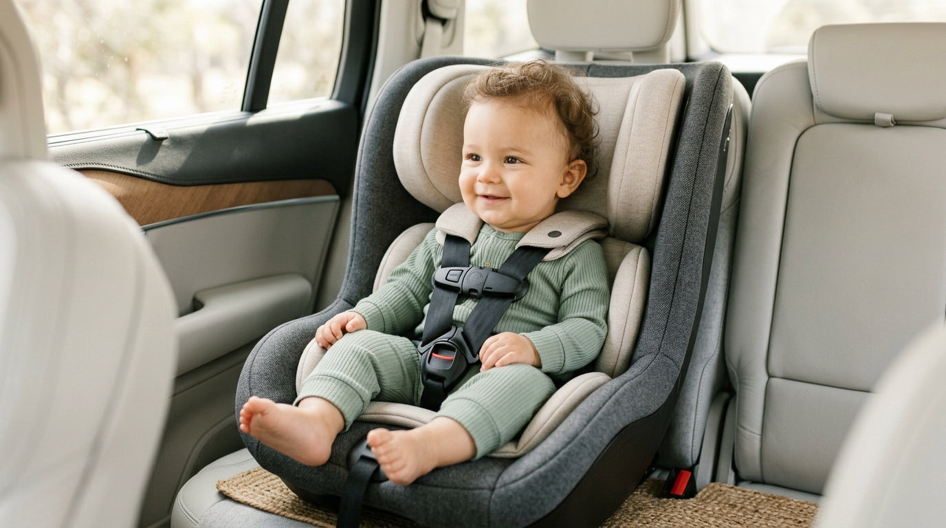 Exhausted dad Marcus sitting in a car next to a rear-facing baby car seat