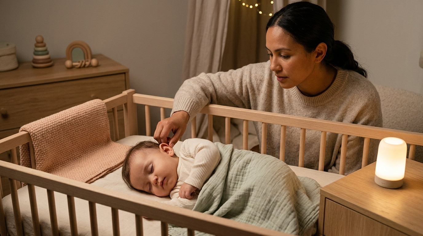 Exhausted mom holding crying baby with ear infection in a dark nursery