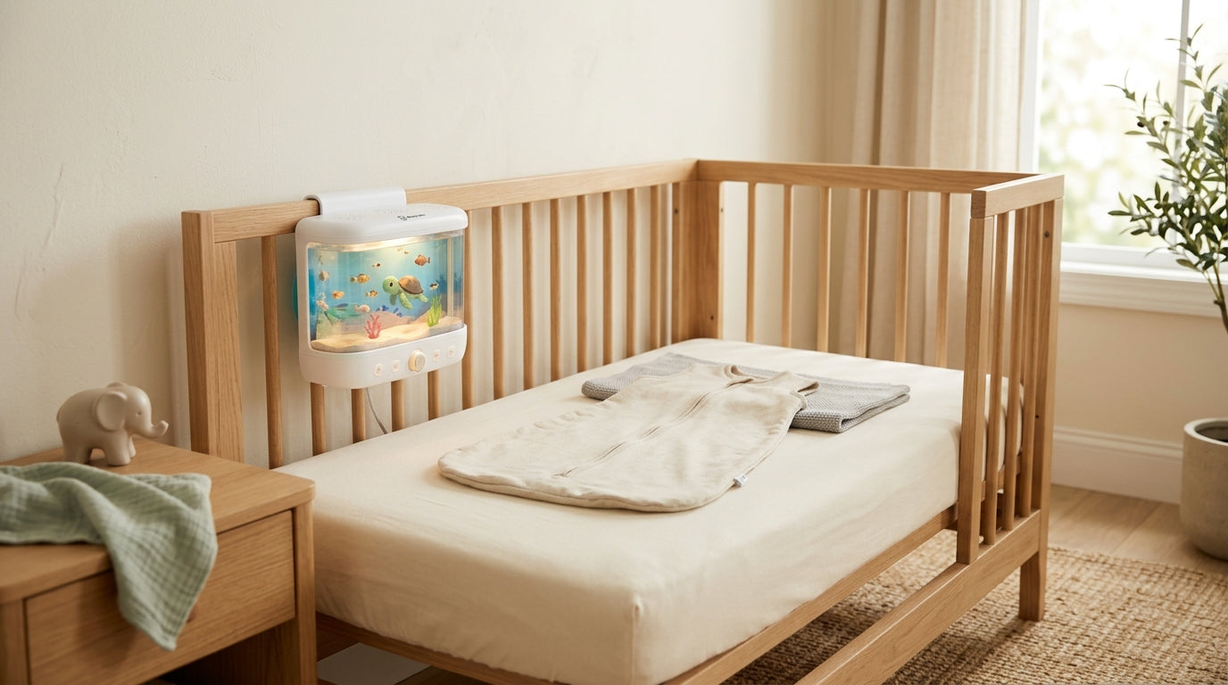 Baby looking at a glowing crib toy in a dark room