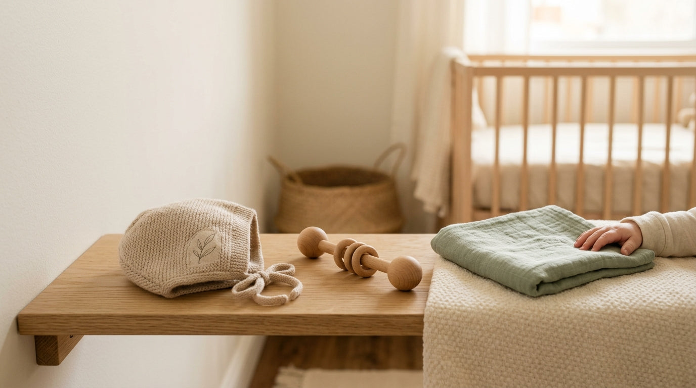 Mom sitting on nursery floor looking stressed next to a wooden baby gym