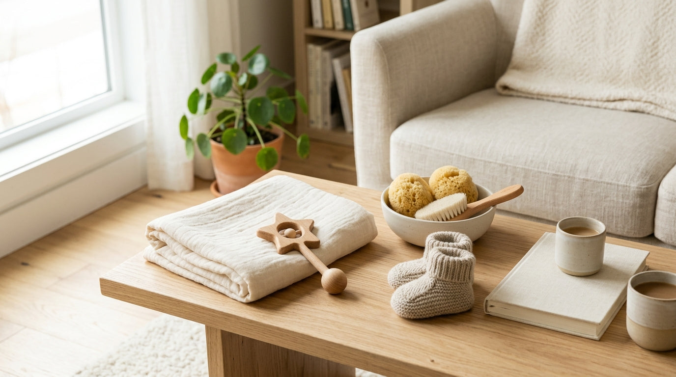 Mom looking shocked at a tablet screen while her toddler plays with wooden toys on the floor.