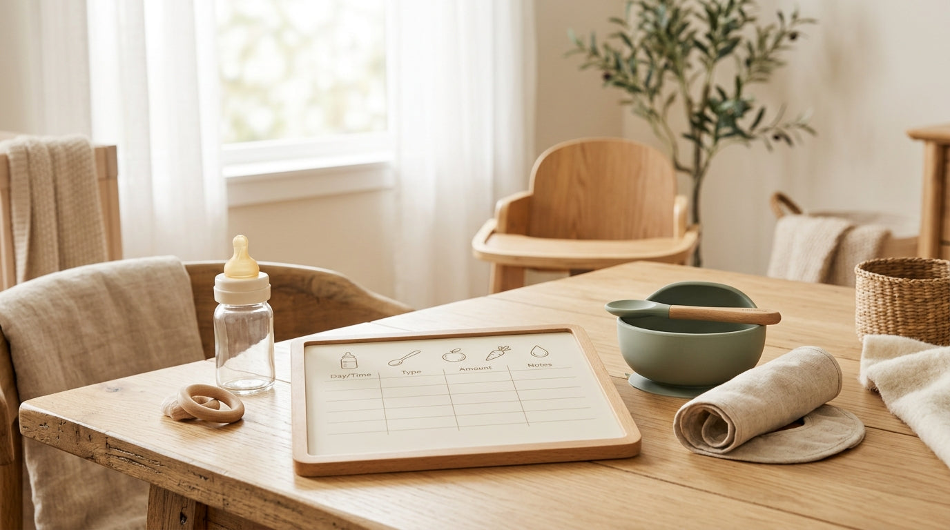 A printed baby feeding schedule taped to a fridge next to a silicone plate and bamboo spoon.