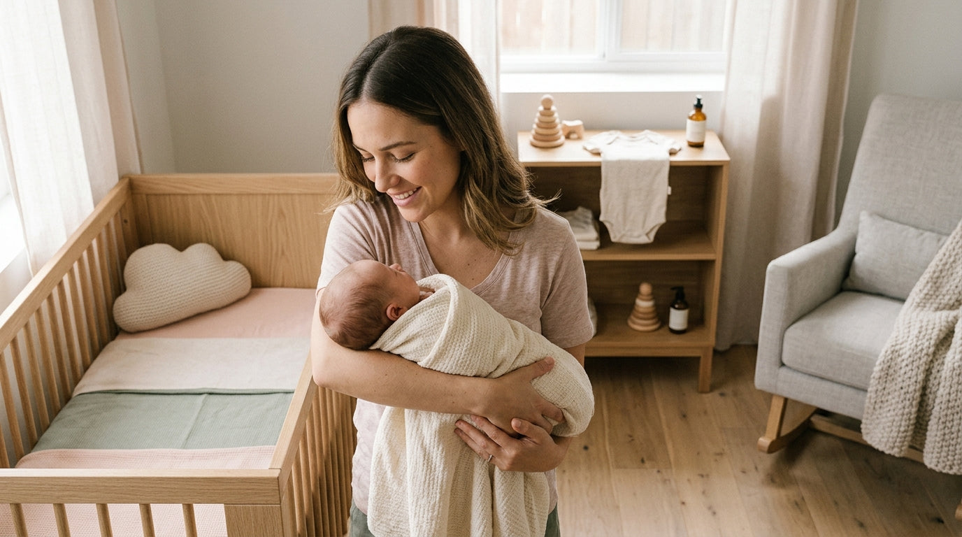 Tired mom drinking coffee while checking her baby's temperature