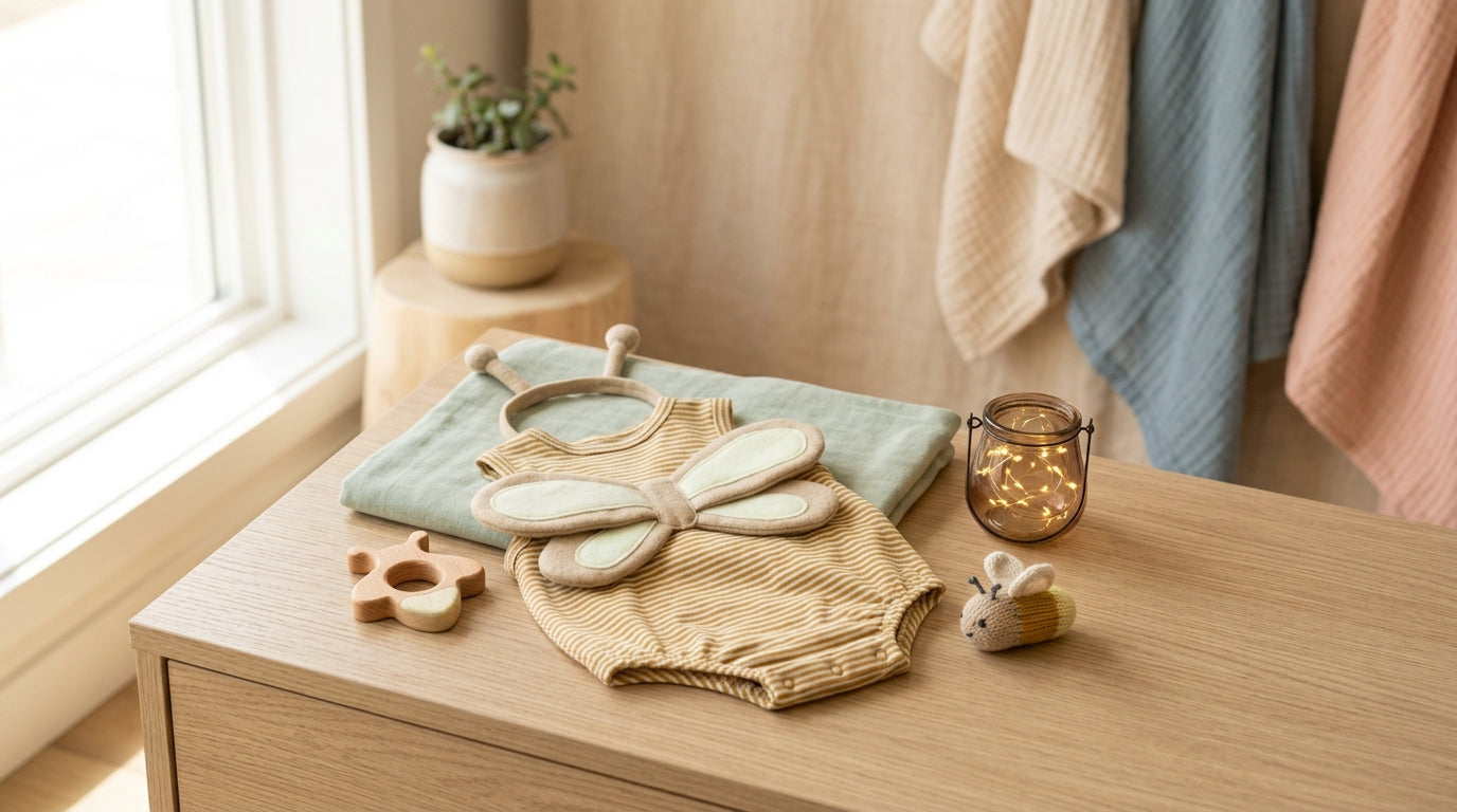 A wooden baby gym and organic baby bodysuit next to a laptop monitor