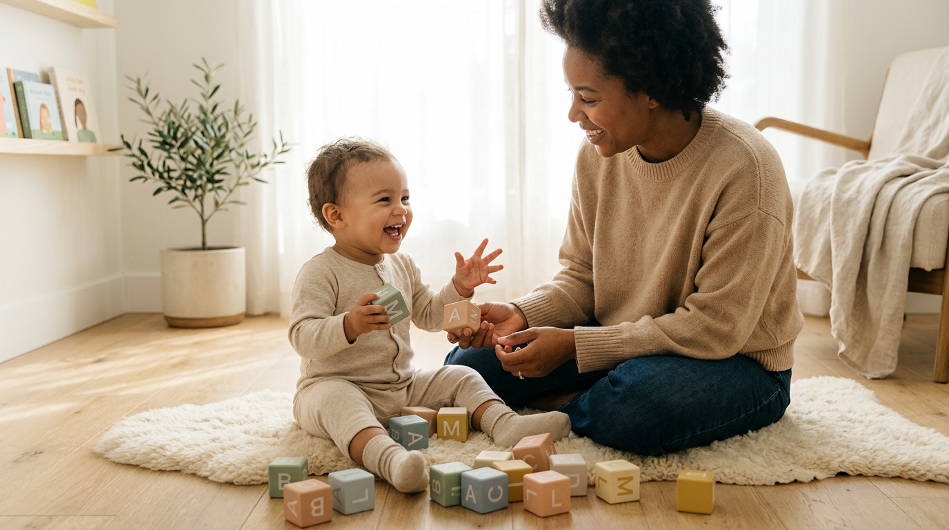 Tired mom sitting on floor playing with baby and soft building blocks