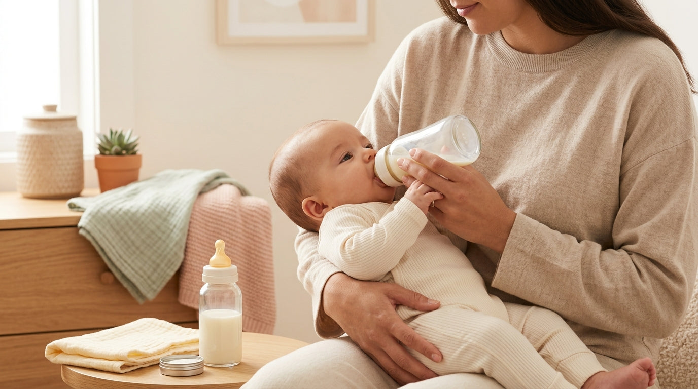 A tired parent staring blankly at a tin of baby formula in a dark kitchen