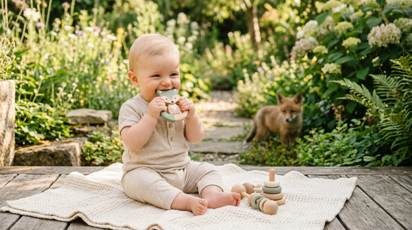 A small orange fox cub exploring a suburban garden near a baby blanket