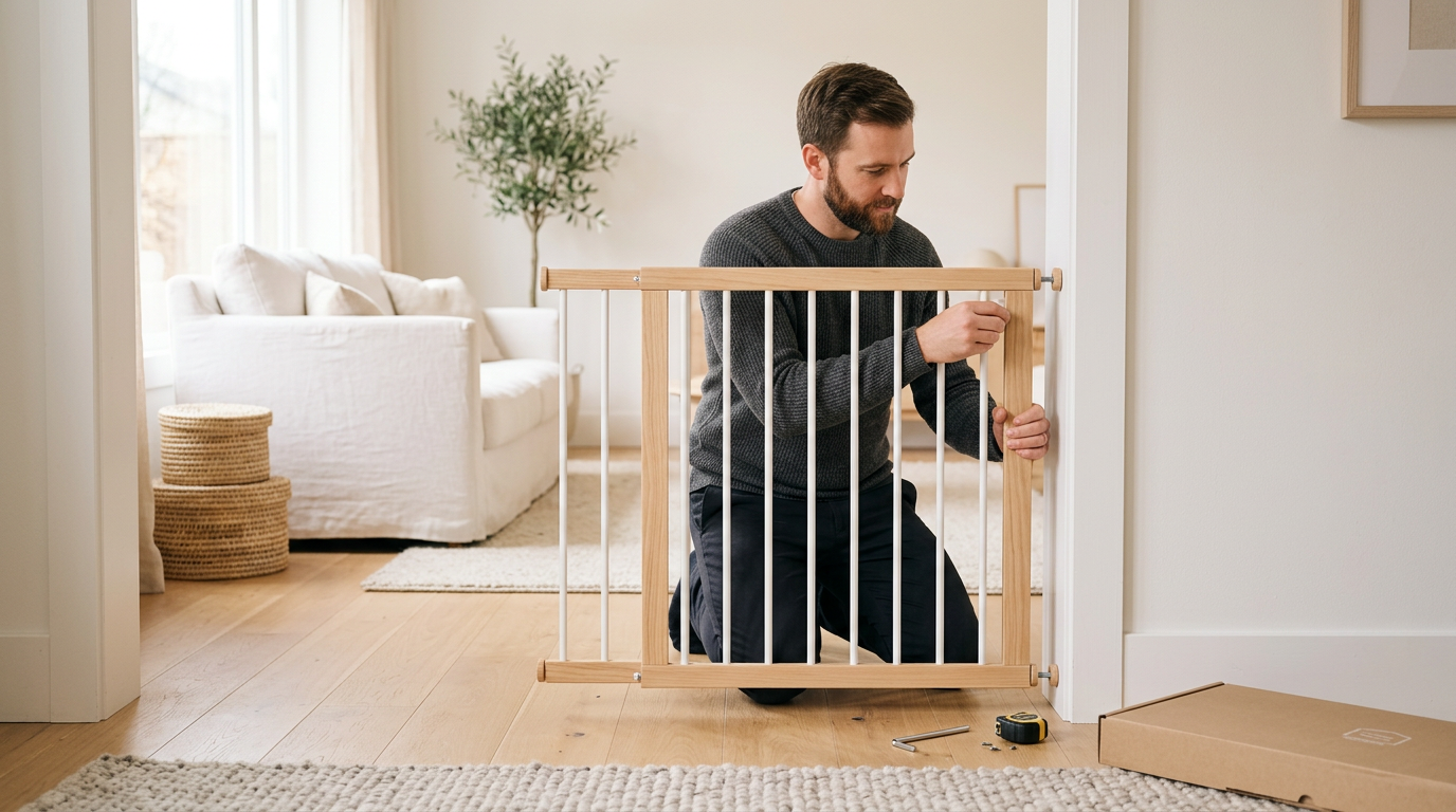A stressed new dad looking at baby gate hardware and a wooden banister