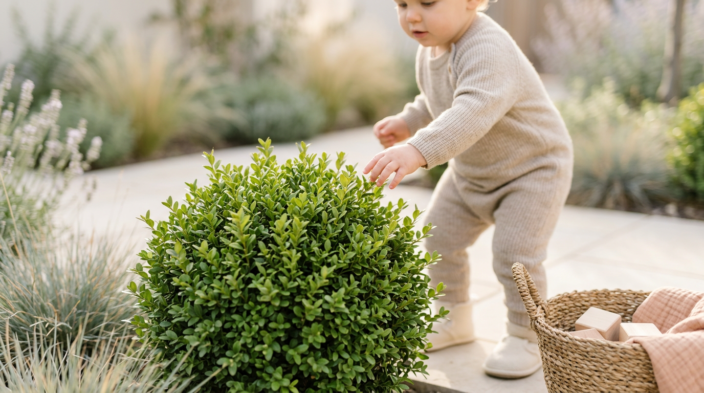Toddler reaching for a green baby gem boxwood bush in a London garden