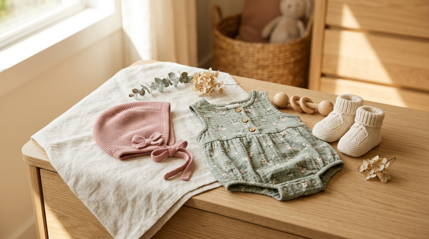 A tired mom holding a pile of ruffled organic baby clothes while drinking coffee