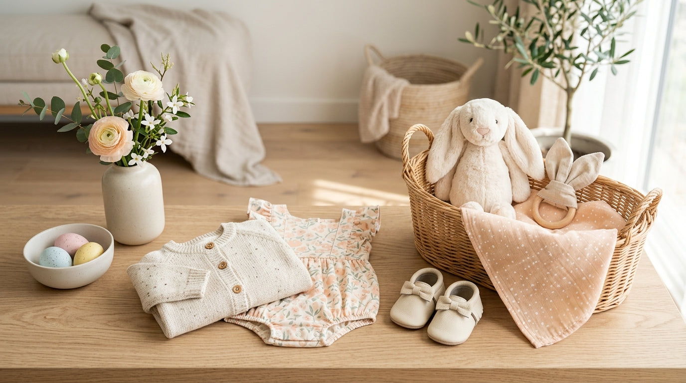 Baby girl wearing a soft organic cotton flutter sleeve bodysuit for Easter