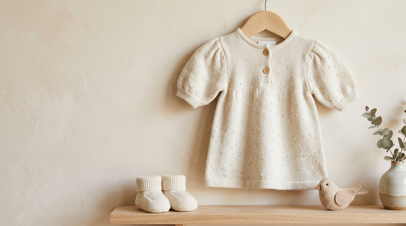 A frustrated mom holding a tiny red velvet holiday dress next to a comfortable organic cotton baby romper.