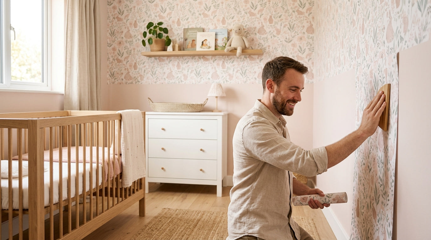 Marcus looking stressed while trying to align a strip of floral baby girl wallpaper
