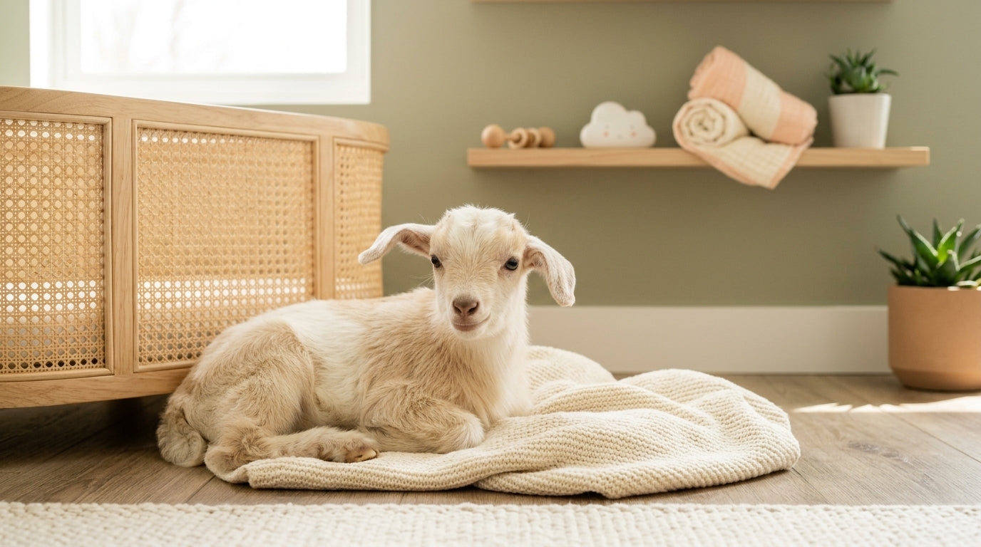 Toddler pointing at a baby goat while wearing an organic cotton bodysuit