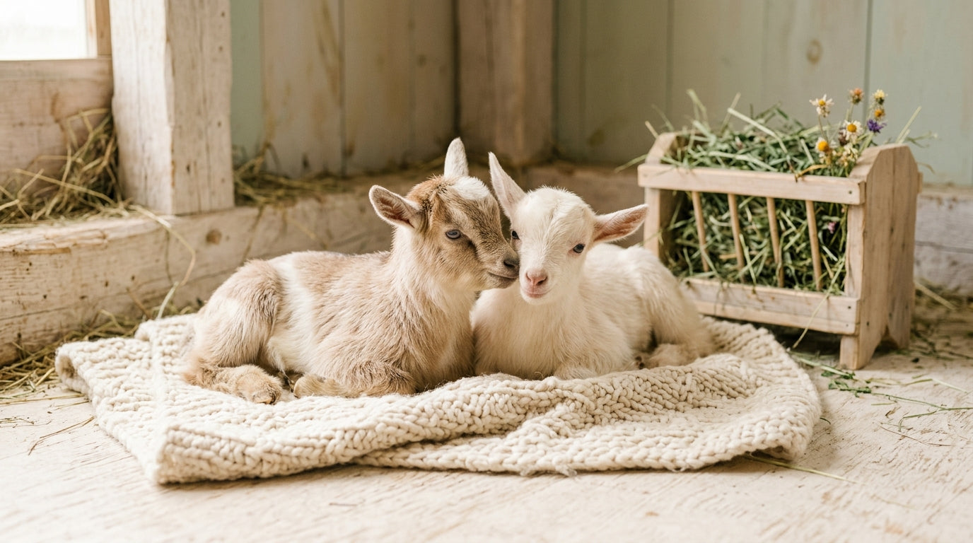 A loud baby goat chewing an organic cotton baby blanket while a toddler watches.
