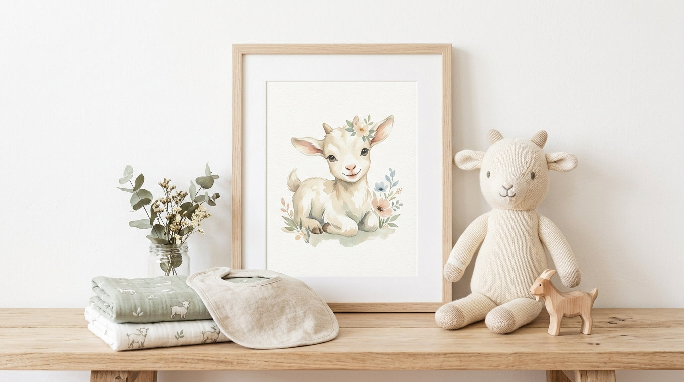 Small white baby goat jumping playfully against a pristine white studio backdrop in a minimalist nursery.