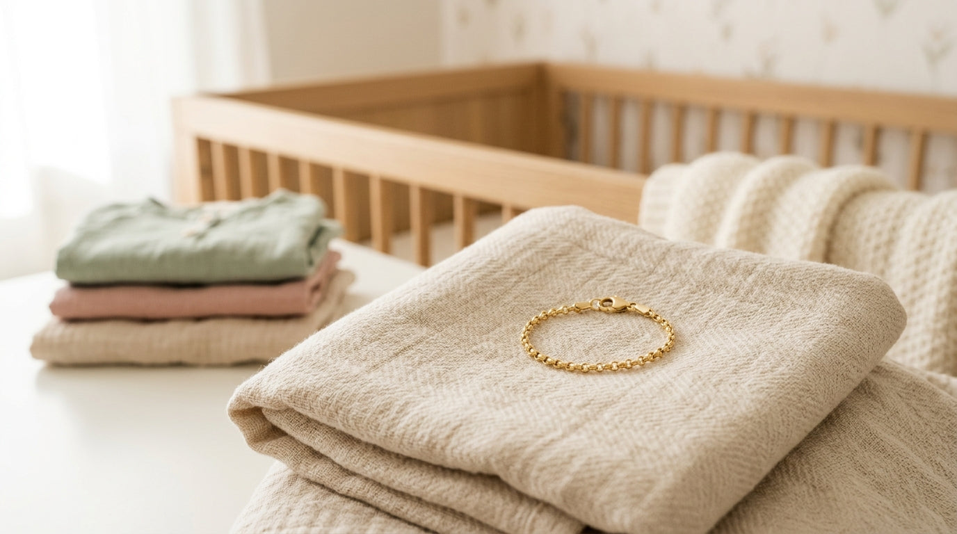 A sleep-deprived dad inspecting a tiny baby gold bracelet under a desk lamp
