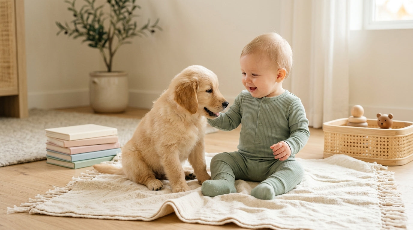 Exhausted dad looking at a fluffy puppy stealing a dummy on the living room floor