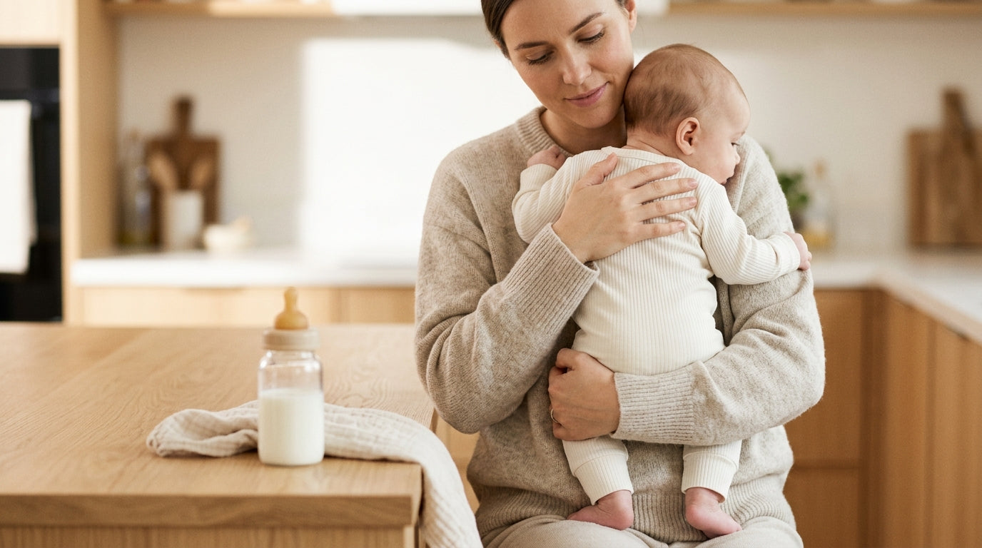 Jess holding a fussy baby while staring doubtfully at a dark drink in the kitchen
