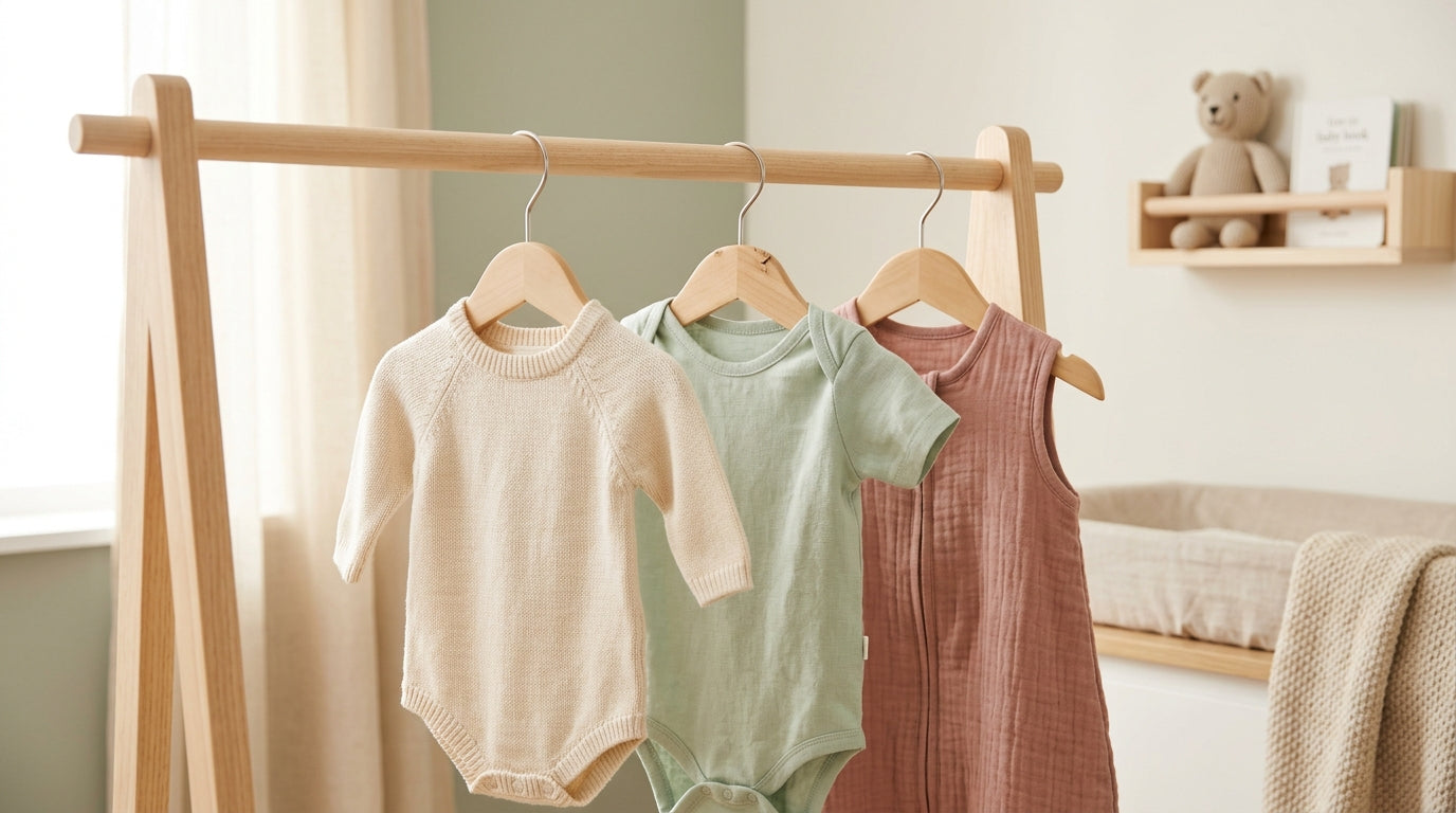 A messy pile of stretched infant bodysuits next to a wooden nursery hanger