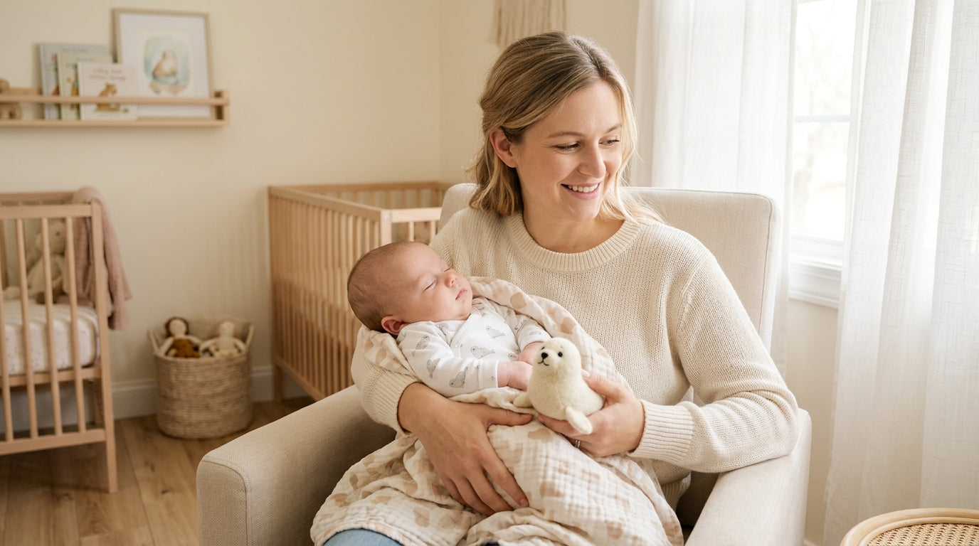 Fluffy white baby harp seal resting on cold Arctic sea ice