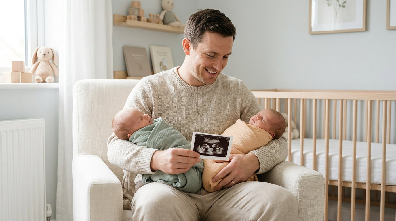 An expectant father looking panicked next to an ultrasound monitor displaying a baby heart rate.
