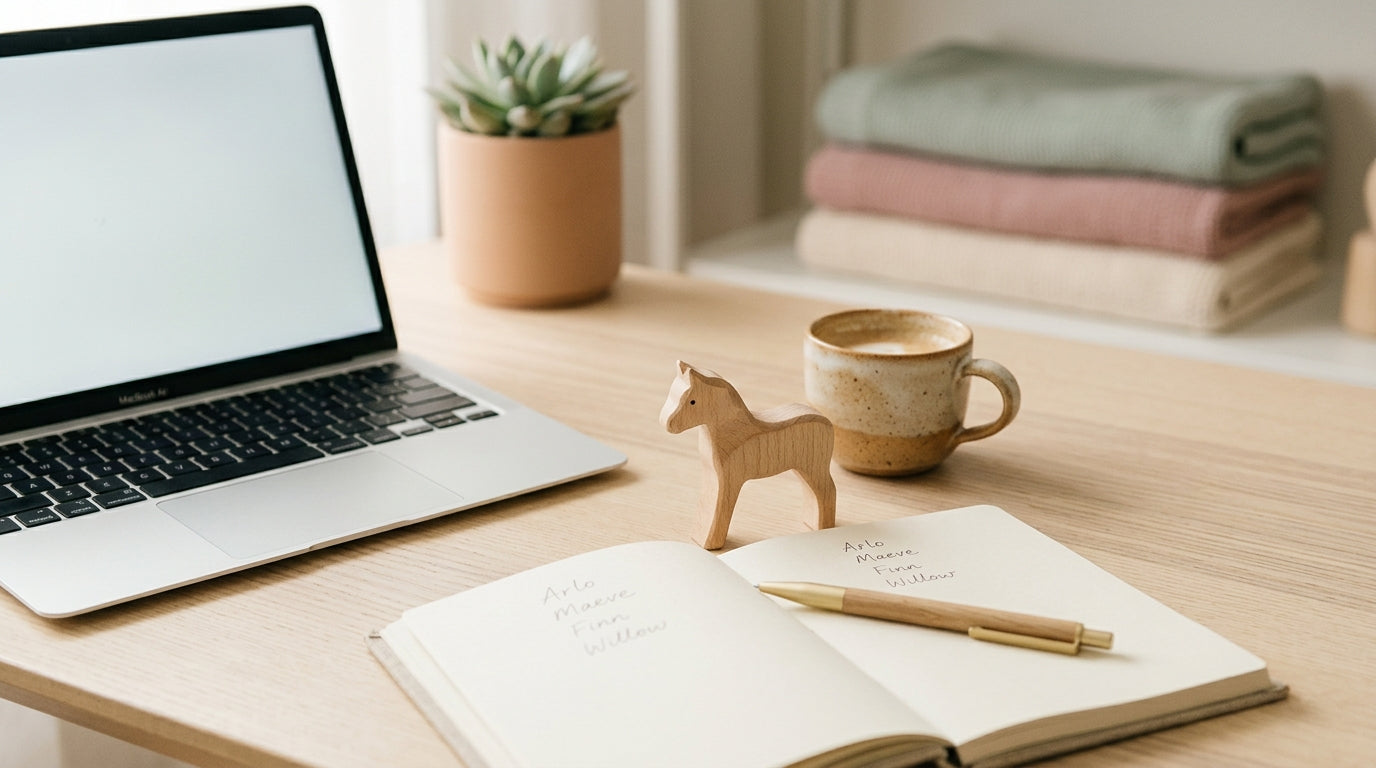 Exhausted dad staring at a laptop spreadsheet while holding a wooden horse toy