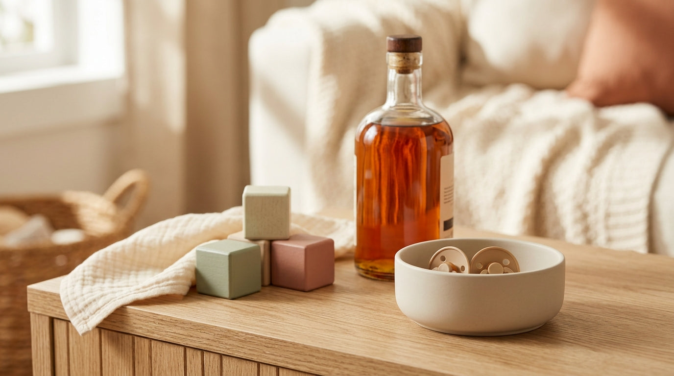 Toddler reaching for a coffee table near a glass of whiskey