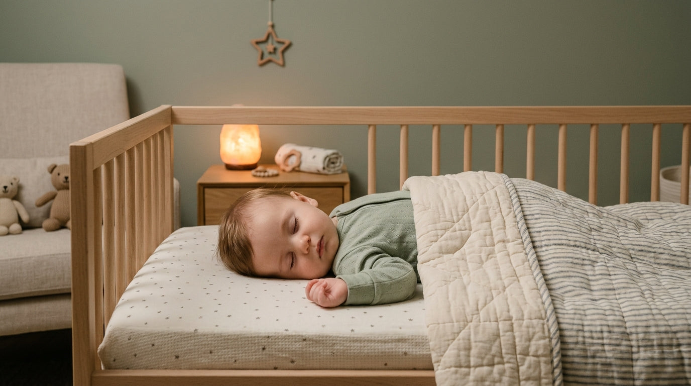 Tired mom holding a newborn baby in a dark nursery illuminated by a soft red nightlight.