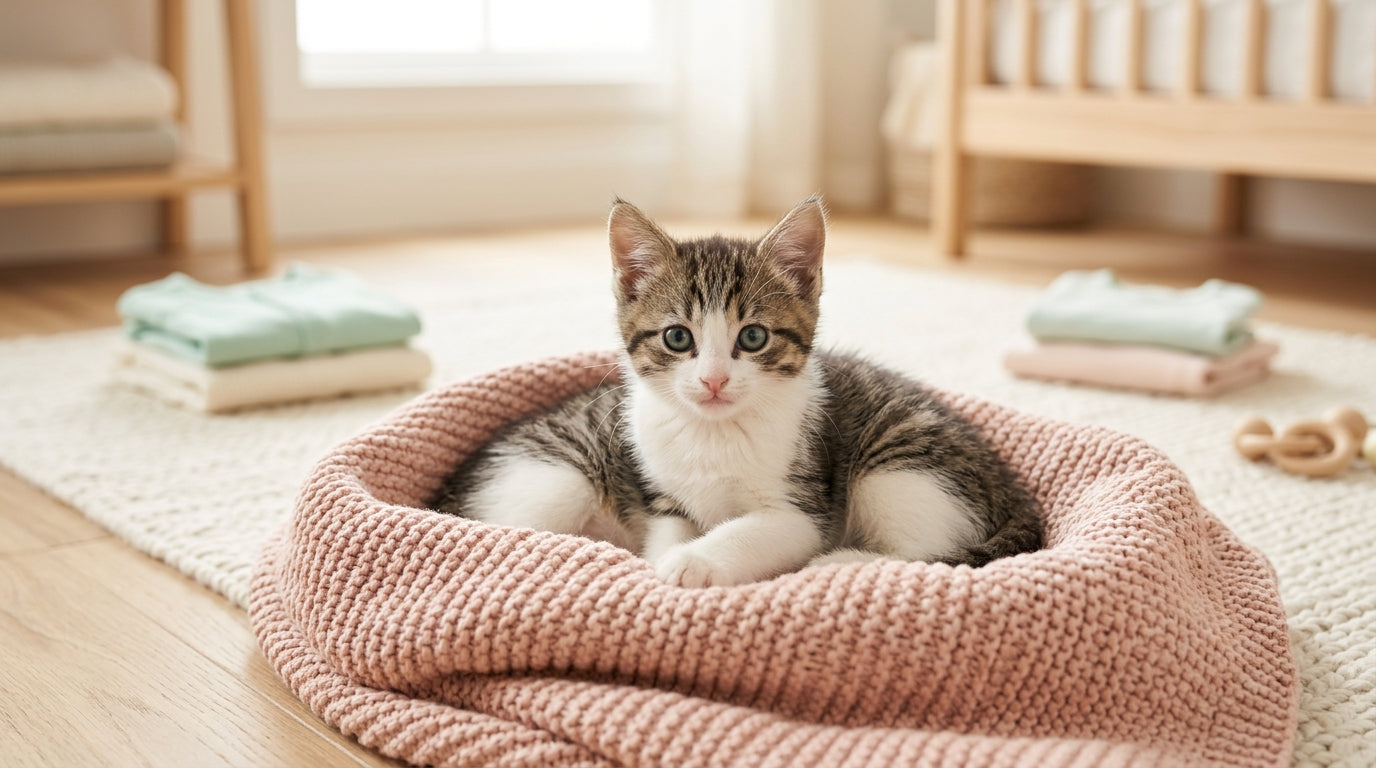 A tiny baby kitten wrapped in an organic cotton baby bodysuit sleeping safely.