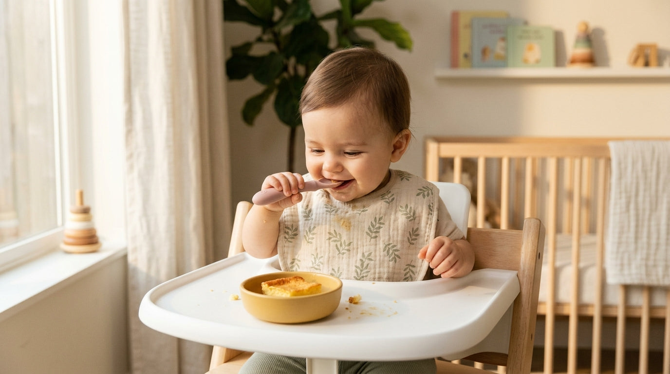 A very messy eleven-month-old eating a mini lemon baked treat in a highchair.