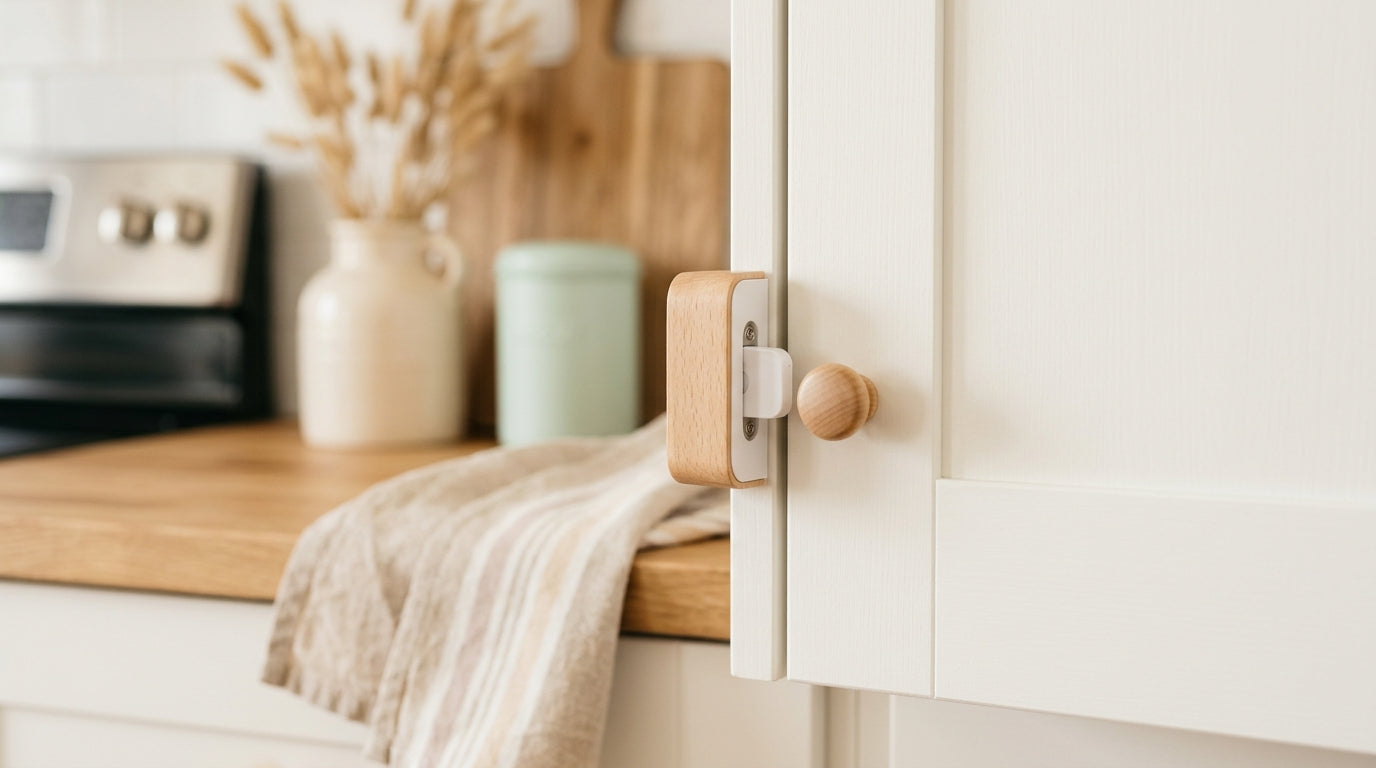 A toddler sitting on the kitchen floor trying to open a cabinet with a baby lock