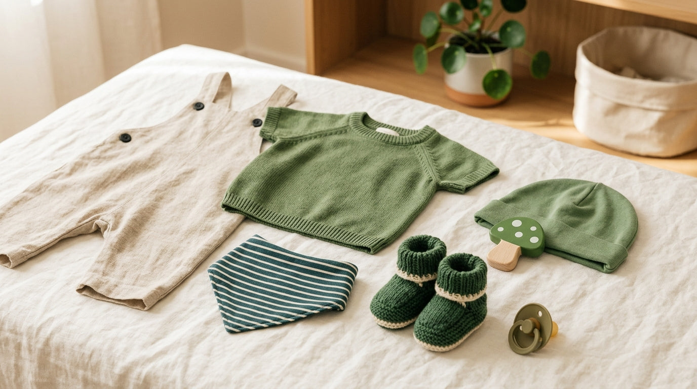 Baby in green organic cotton and denim next to wooden blocks.