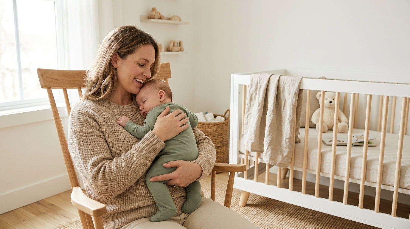 Exhausted mom rocking her baby in a dark nursery singing a lullaby.