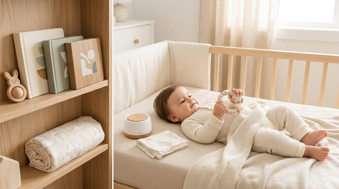Exhausted mother singing softly to her toddler in a dark nursery room