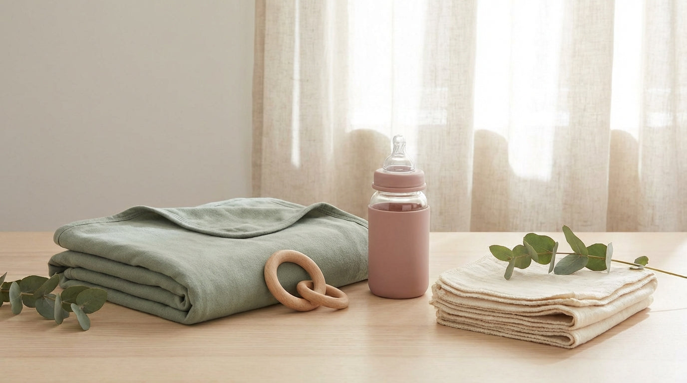 Tired mom holding a baby while looking at a massive pile of baby products